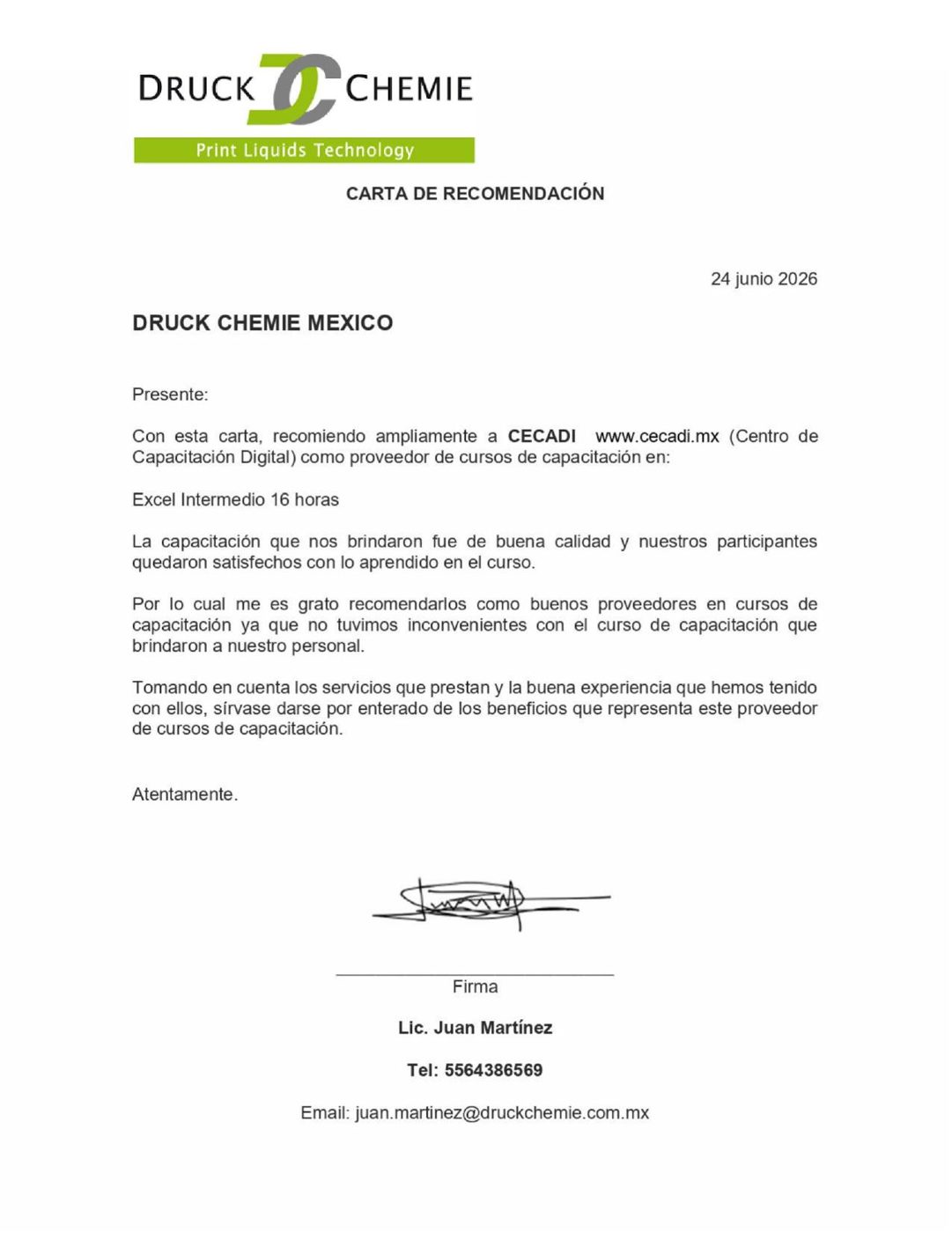 Carta de recomendación de Druck Chemie México