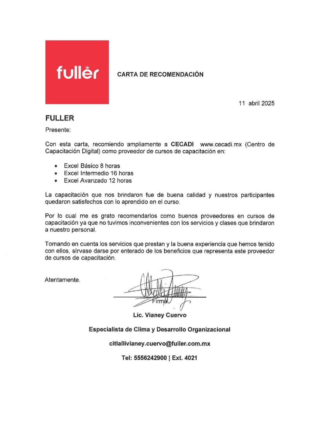 Carta de recomendación de Fuller