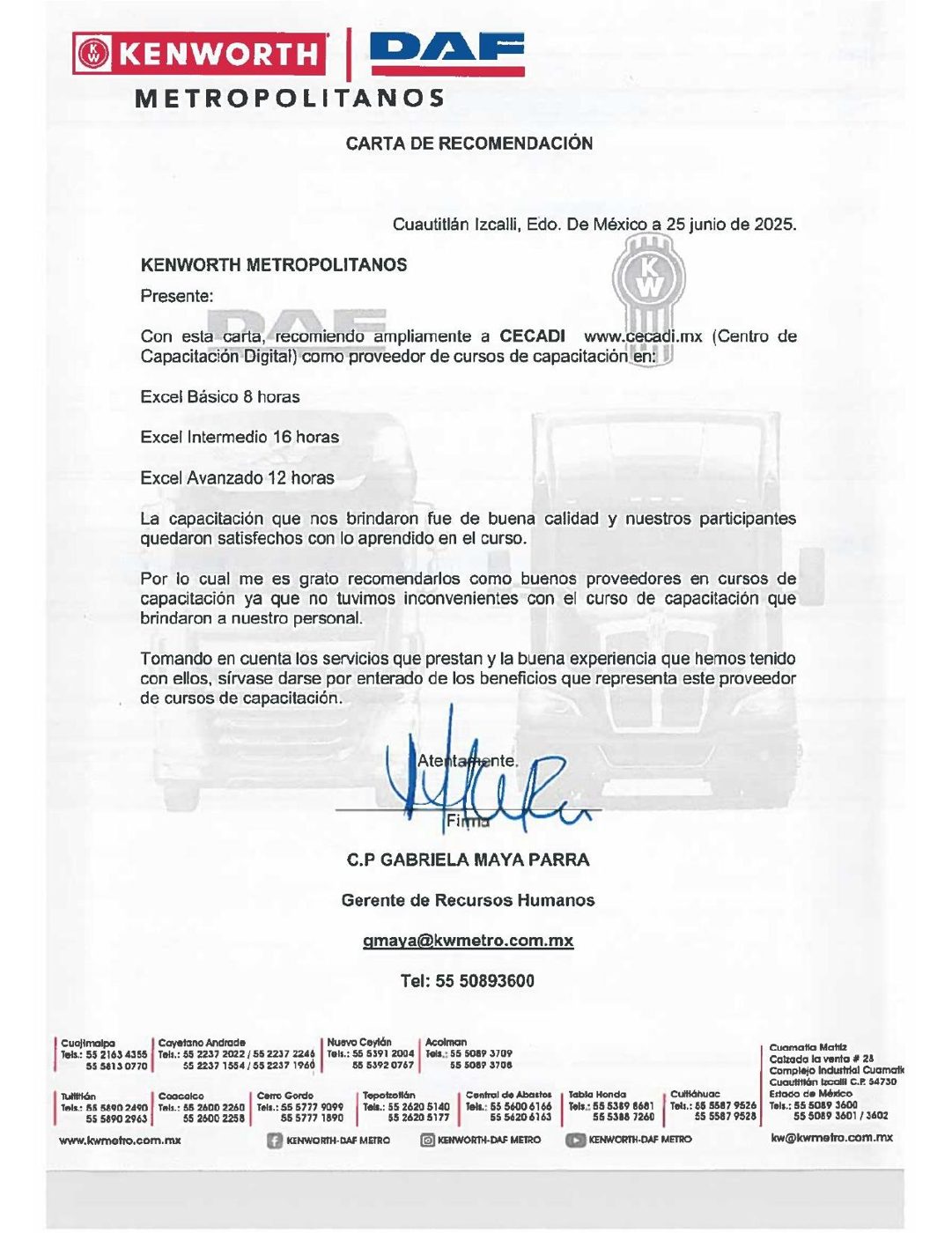 Carta de recomendación de Kenworth-DAF Metropolitanos