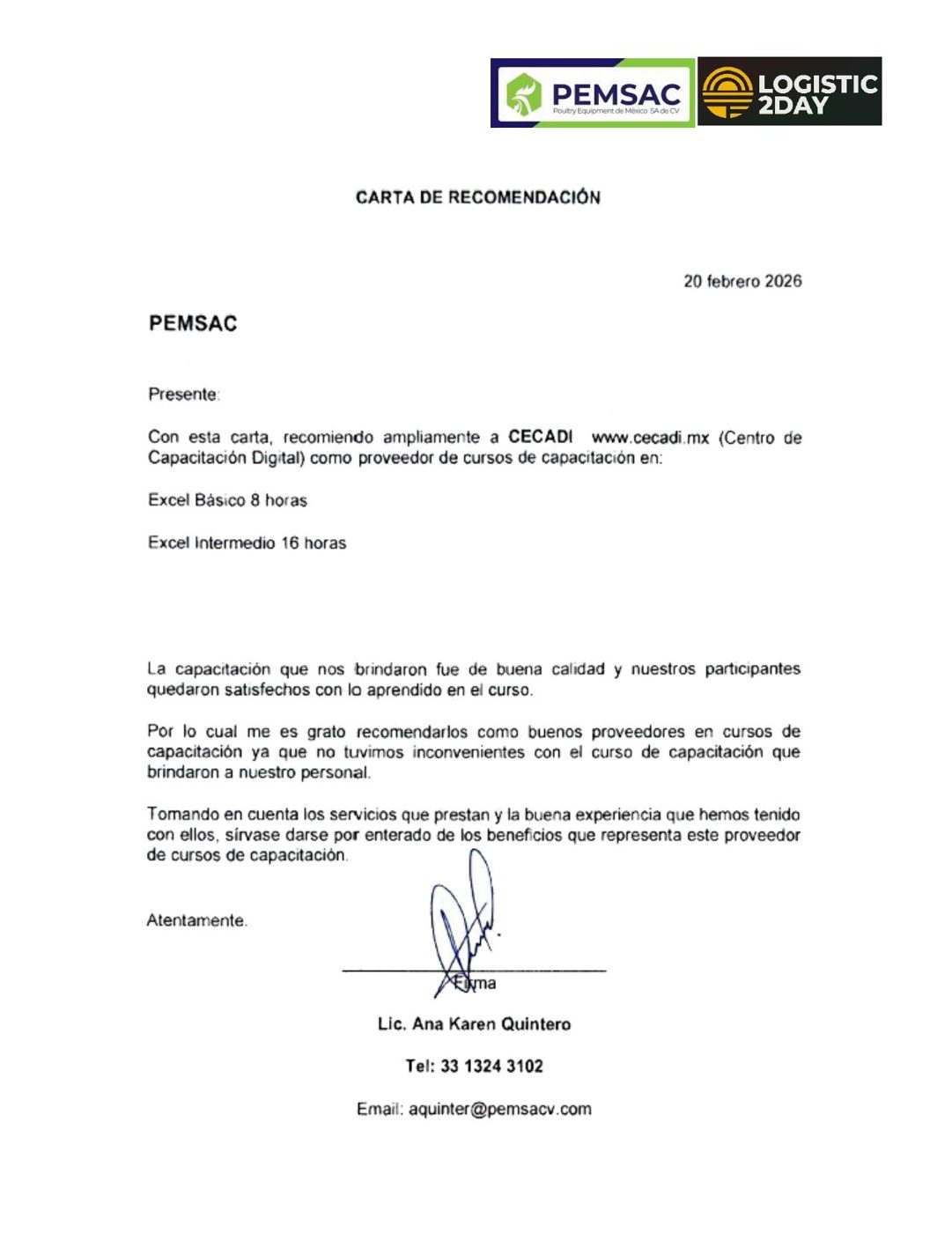Carta de recomendación de PEMSAC