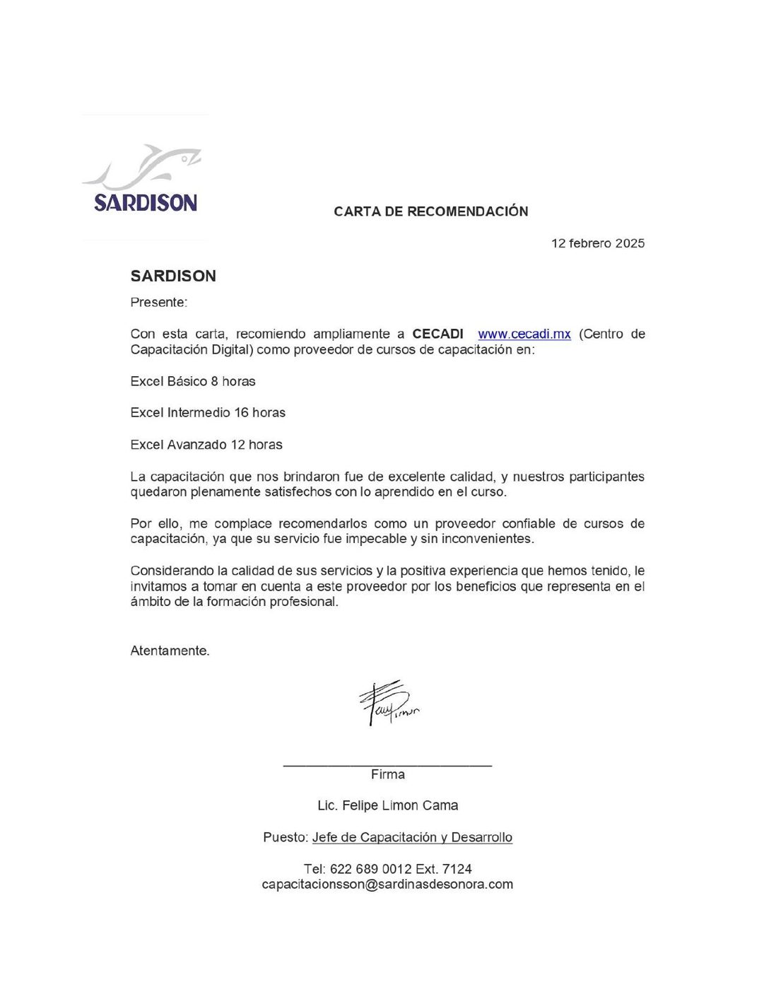 Carta de recomendación de Sardison